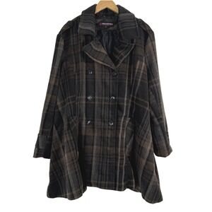 Urban Republic Women's 3X Plaid Double Breasted Wool Blend Coat Brown Black